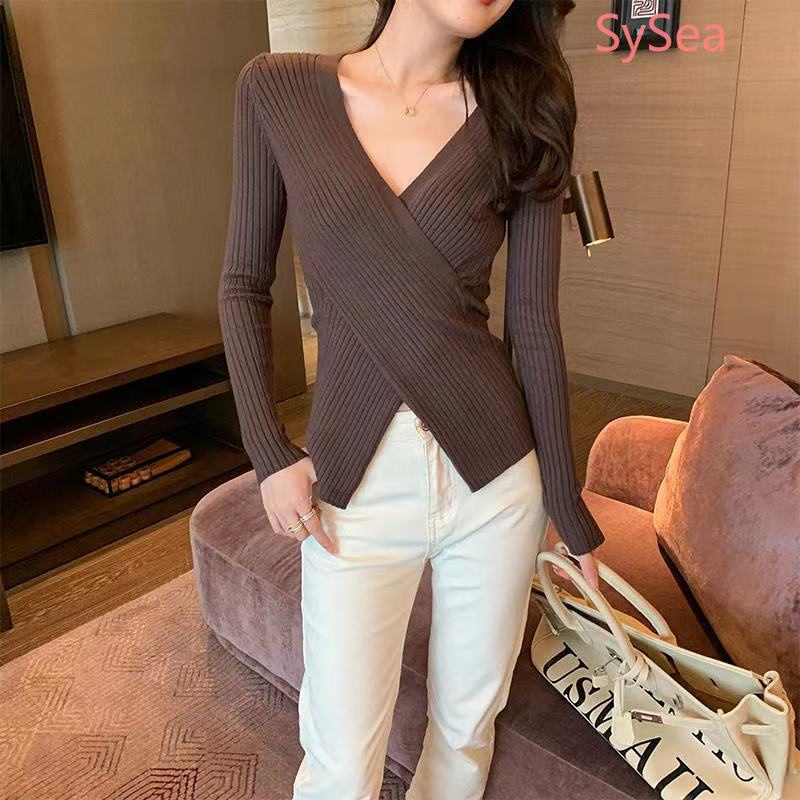 Áo sweater dệt kim tay dài cổ chữ V thời trang dành cho nữ