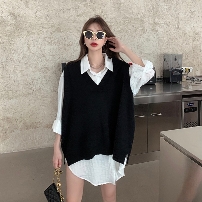 Áo khoác ghi lê dệt kim màu đen cổ chữ V xẻ tà thời trang trẻ trung | BigBuy360 - bigbuy360.vn