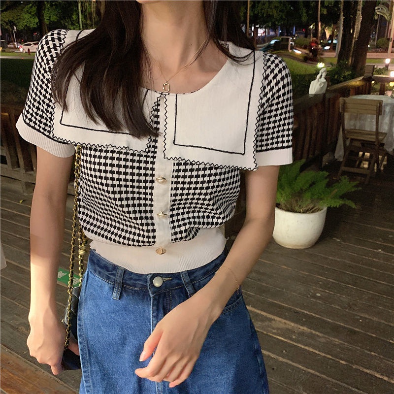 Áo dệt kim tay ngắn cổ búp bê thời trang mùa hè mới 2021 cho nữ