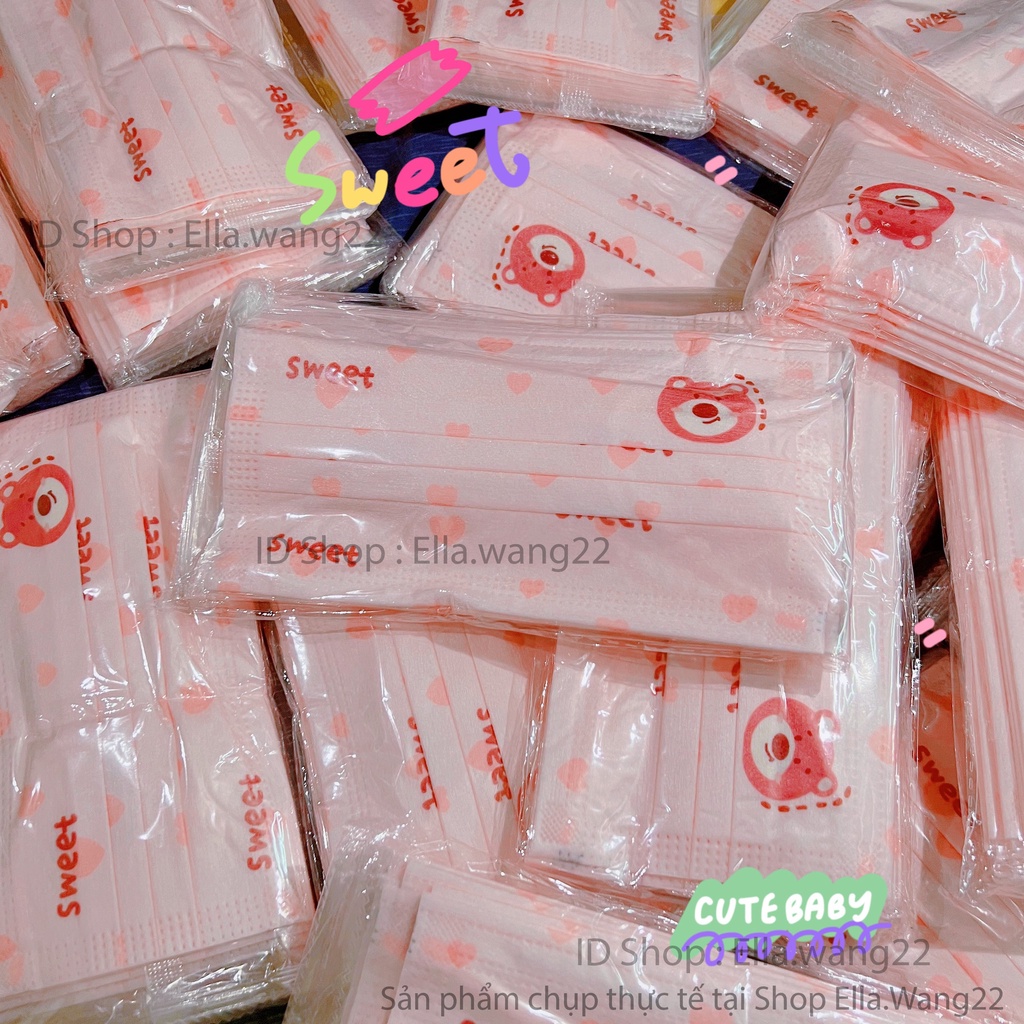 Khẩu trang màu hồng họa tiết Gấu dâu Lotso siêu dễ thương - Set 20 cái