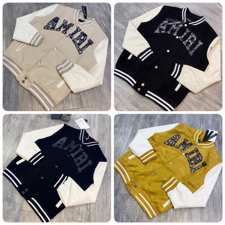 Áo Bomber thêu chữ amiri nổi bật , vải dạ 2 lớp - Áo khoác bomber dạ phối tay da cao cấp 4MEN SHOP