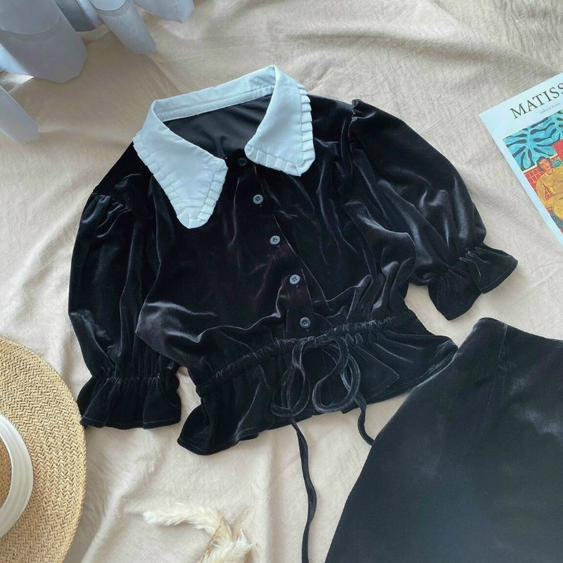 Set nhung áo đen cổ sen rút dây eo + chân váy xẻ