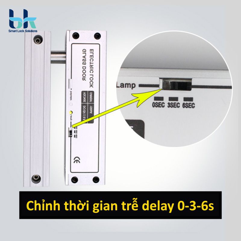 Khóa chốt rơi - Chốt khóa cửa điện từ gắn cửa kính BK Smart Lock BK-L04B12 thường mở, 12V độ trễ 0s 3s 6s