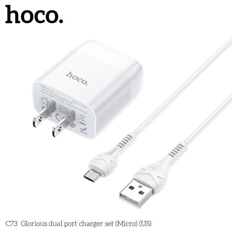 Bộ sạc Hoco C73  Micro-USB 2.4A có 2 cổng USB dành cho android: samsung oppo vivo xiami realme ..