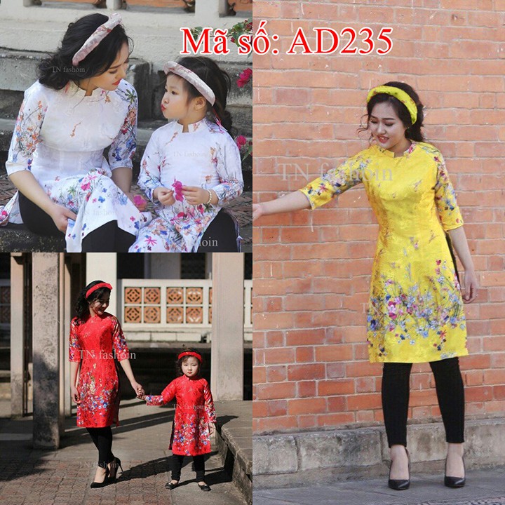 ⚡️ có big size 4XL ⚡️ AD235 Áo Dài Cách Tân GẤM MẸ VÀ BÉ cổ trụ họa tiết hoa.