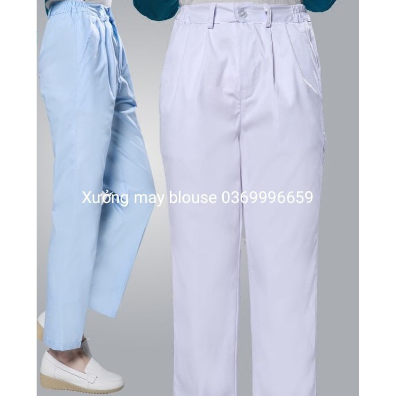 Quần blouse khoá có túi nam nữ trắng - xanh dương