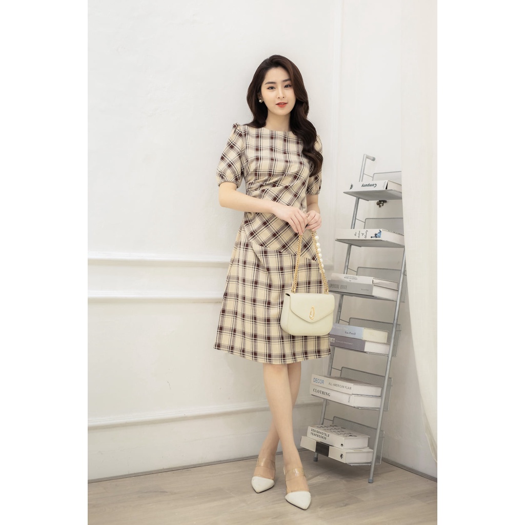 Váy thô đũi kẻ ô xoắn eo cổ tròn tay phồng TIIN STORE V0T267 | BigBuy360 - bigbuy360.vn