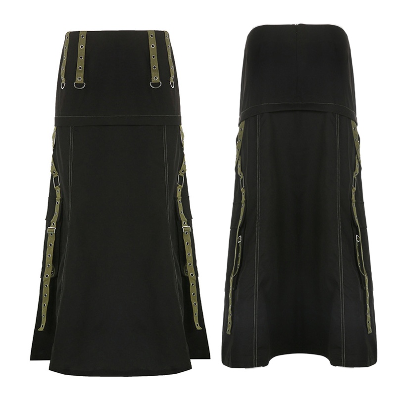 Chân Váy Midi Dáng Chữ A Lưng Thấp Phối Vòng Kim Loại Phong Cách Harajuku Gothic Punk Dành Cho Bạn Nữ