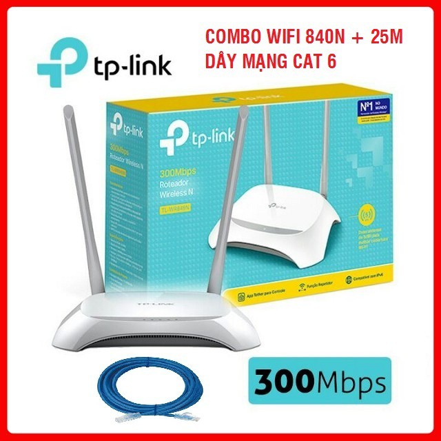 COMBO Bộ phát Wifi TP-Link WR840N + 25m dây mạng Cat6 bấm sẵn 2 đầu