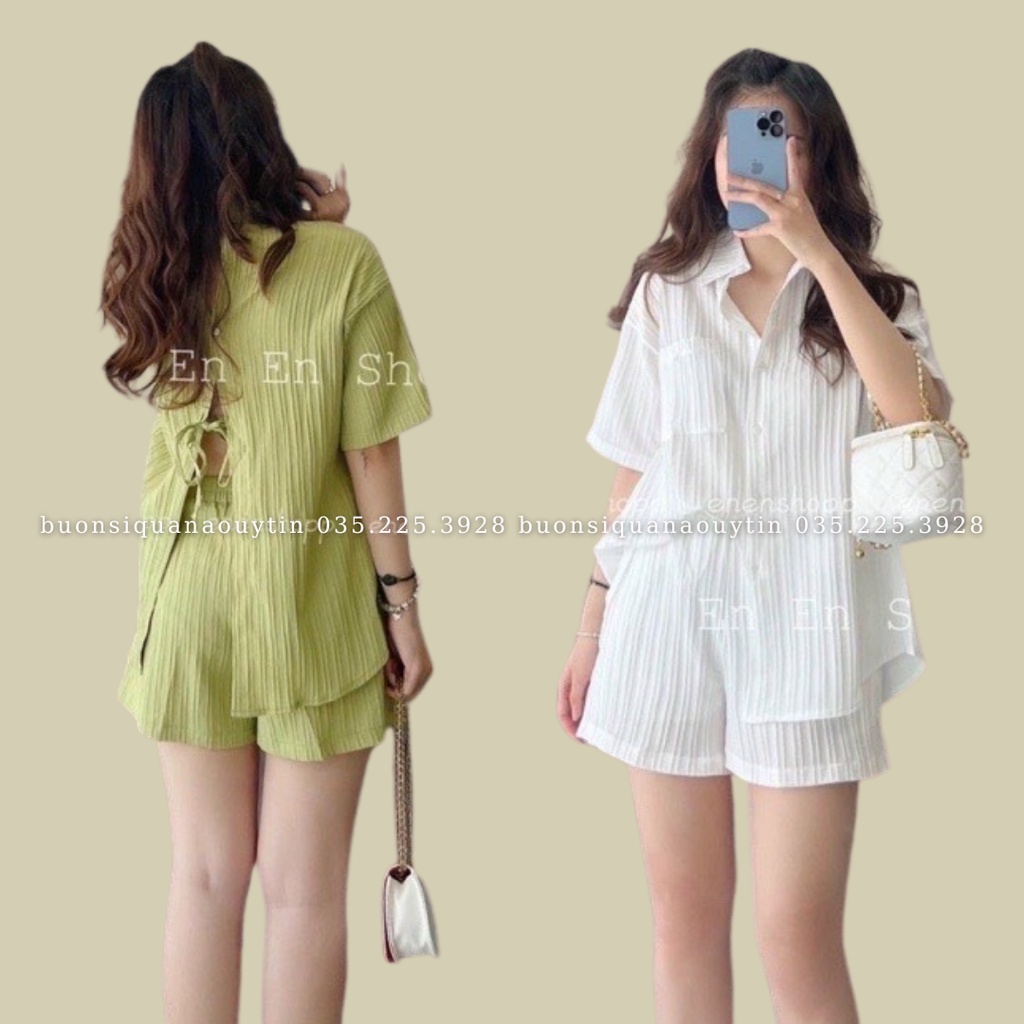 Sét đũi sóng nhăn áo sơ mi xẻ tà sau lưng thắt dây nơ kèm quần short 127