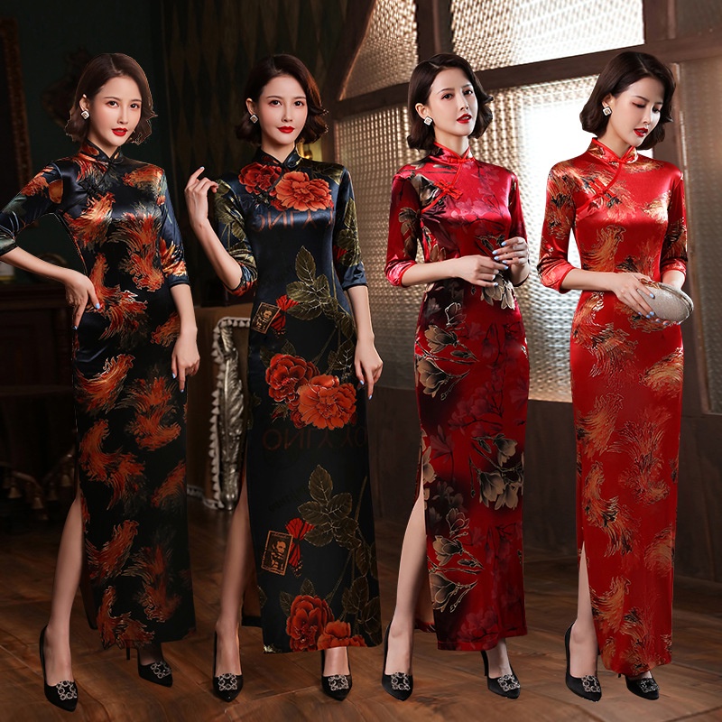Đầm Sườn Xám Cách Tân Vải Nhung Tay Dài Kiểu Vintage 4 Màu Sắc Cỡ Lớn Thời Trang Cho Nữ Size S-5XL