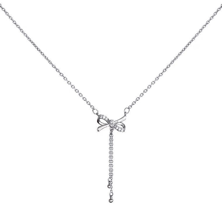 Dây Chuyền Bạc Mặt Nơ Tua Rua Đính Đá Zircon Đơn Giản Thời Trang