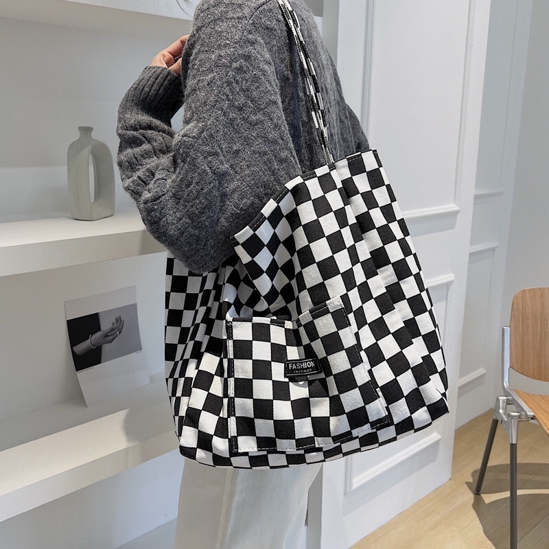Túi checked tote caro unisex (có sẵn)
