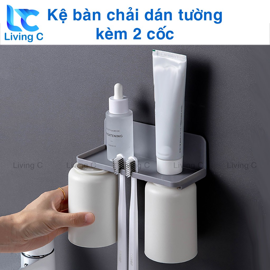 Giá treo bàn chải đánh răng kèm 2 cốc Living C, móc treo bàn chải dán tường _K2C