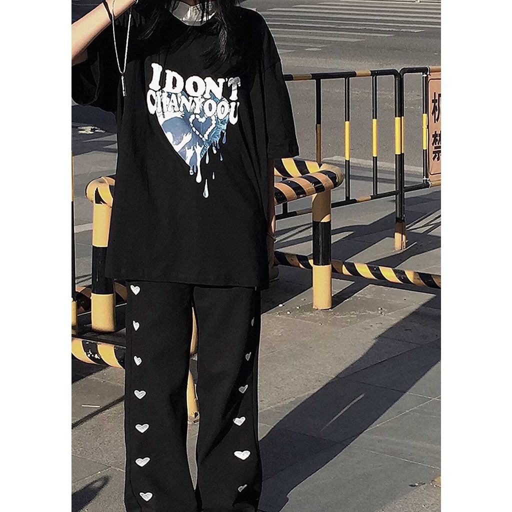 Quần Dài Ống Rộng Lưng Cao In Họa Tiết Trái Tim Phong Cách Hàn Quốc Thời Trang Mùa Xuân Mới Cho Nữ