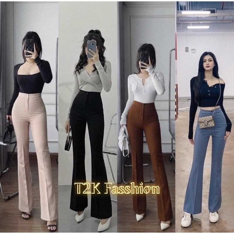 Quần ống loe nữ cạp cao hack dáng - Quần tây ống rộng xuông lưng cao phong cách hàn quốc - T2K Fashion