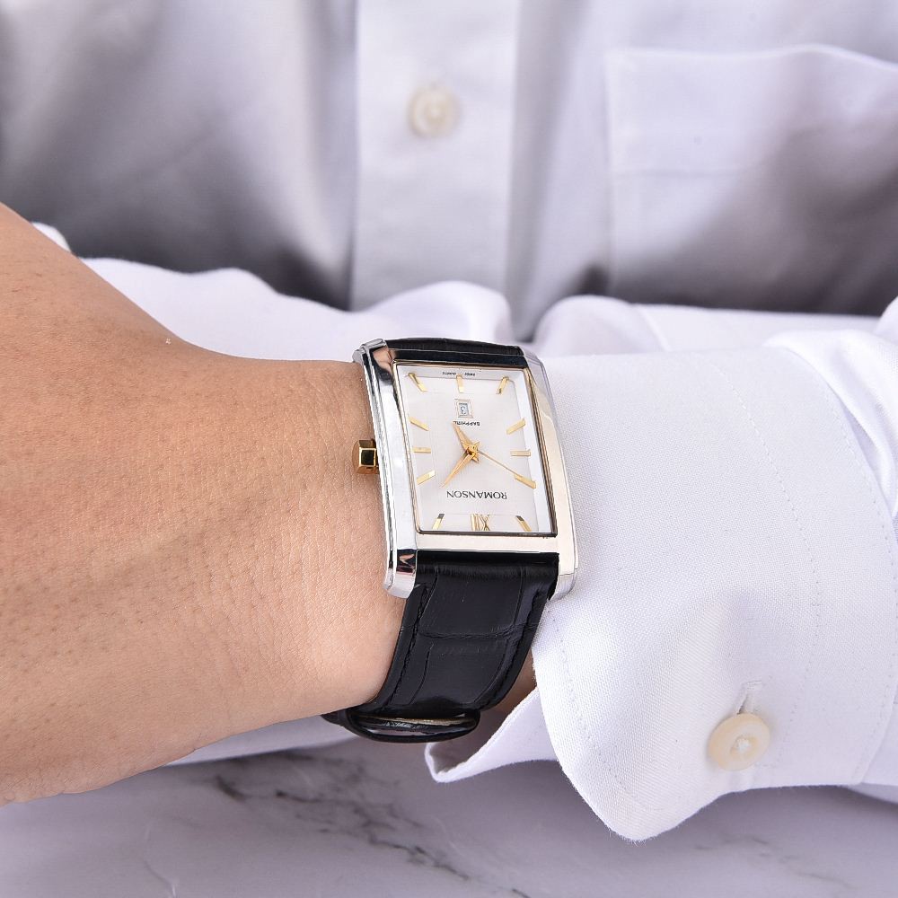 Đồng hồ Romanson Men Watch TL2625MCWH nam dây da mặt chữ nhật máy Thụy Sĩ mặt kính Sapphire chống xước chính hãng