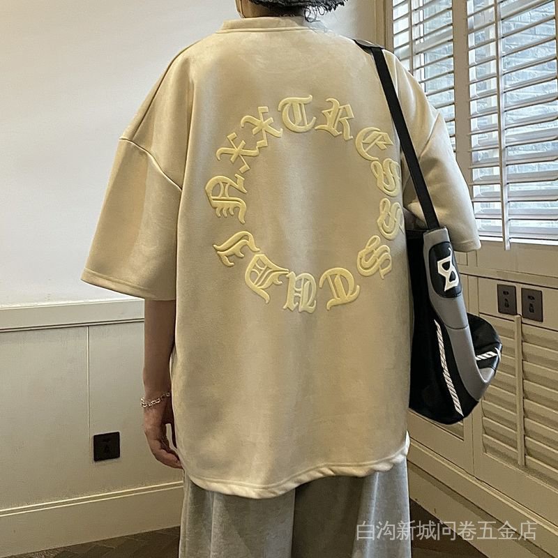 Áo Thun Da Lộn Tay Ngắn In Hình Xốp Phong Cách Đường Phố Mỹ Thời Trang Mùa Hè Cho Nam