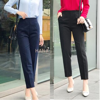 Quần âu nữ công sở cạp chun cao khóa sườn ống đứng lưng cao màu đen - Dáng quần tây baggy lưng thun Mặc đi làm học sinh