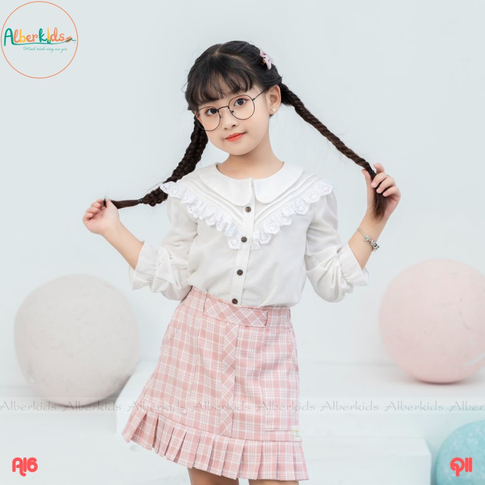 Sét đồ bộ bé gái ALBER áo sơ mi bèo chân váy kẻ cho bé gái  5,6,7,8,9,10,11,12 tuổi [A16, Q11]