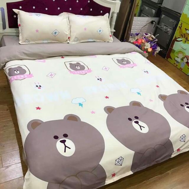 Bộ 3 Món Ga Gối Cotton Poly Mẫu GẤU Nấu Brown Cute _evily1990