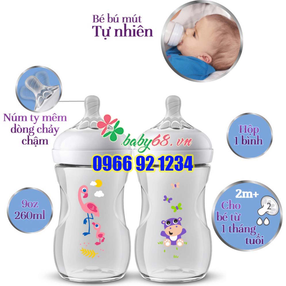 Bình sữa mô phỏng tự nhiên hiệu Philips Avent có họa tiết ( 260ml / 9oz ) cho trẻ từ 1 tháng tuổi