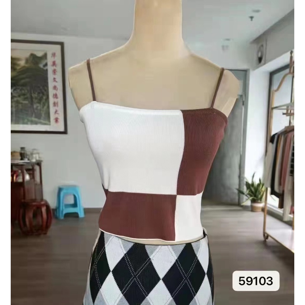 DUNEA Áo Croptop Dệt Kim Hai Dây Họa Tiết Sọc Caro Phong Cách Quyến Rũ