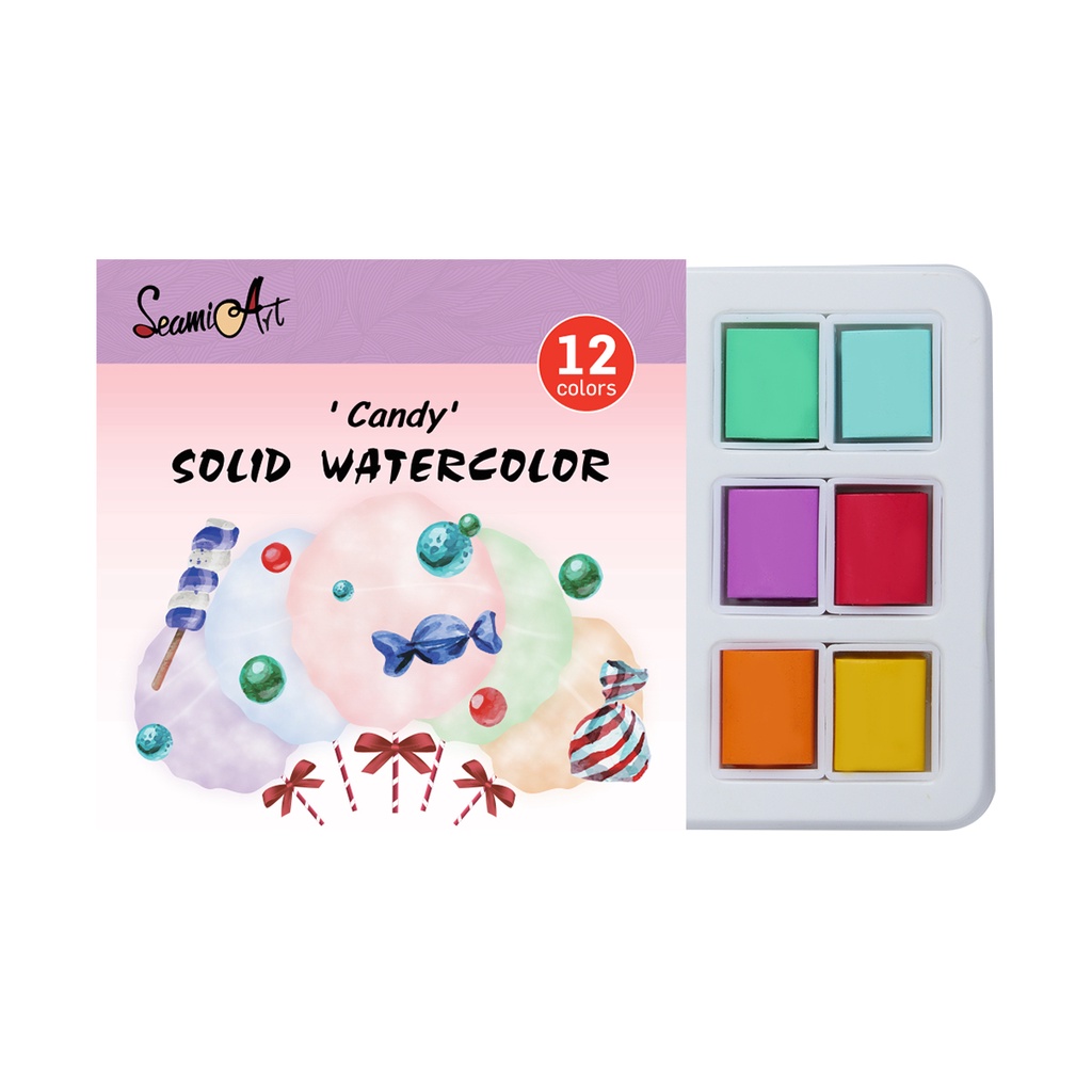 Hộp thiếc 12 màu nước SEAMIART dạng đặc chuyên dụng để vẽ tranh chân dung nghệ thuật và hoạt hình