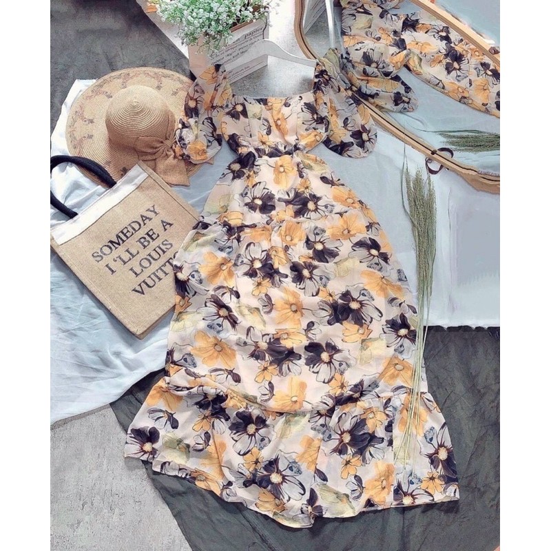 đầm maxi hoa cổ U dáng dài xoè | BigBuy360 - bigbuy360.vn