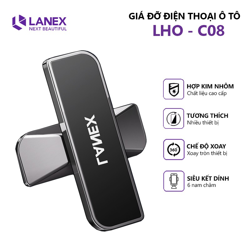 Giá đỡ điện thoại trên xe hơi LANEX LHO - C08 hợp kim nhôm cao cấp, dùng cho nhiều thiết bị