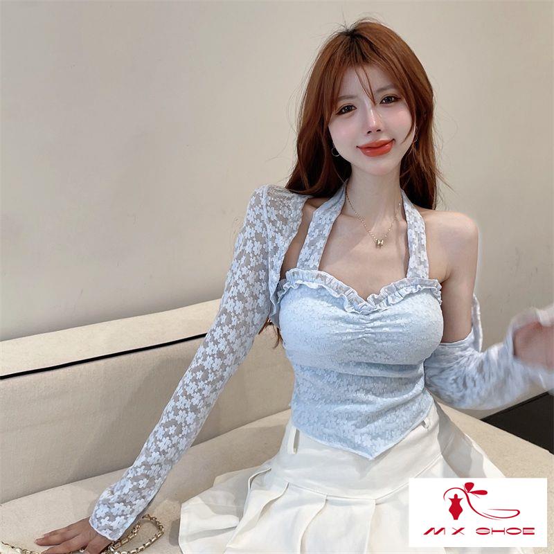 M & X  Set Áo Hai Dây Phối Ren Tay Dài Chống Nắng Thời Trang Mùa Thu Cho Nữ Sense