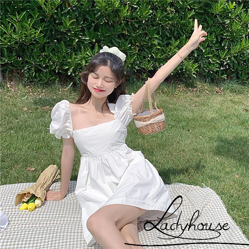 Đầm Tay Phồng Ngắn Cổ Vuông Thắt Nơ Hở Lưng Màu Trơn Cho Nữ