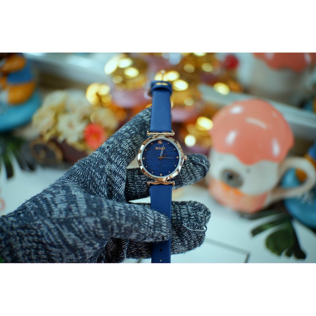 Đồng Hồ Nữ Skmei SK03 Chính Hãng Dây Da Thời Trang Mặt Đính Đá