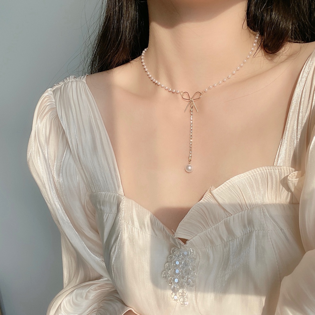 Vòng cổ choker Dodder mạ vàng mặt hình nơ đính ngọc trai giả thời trang cho nữ