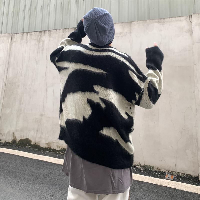 Áo Sweater Dệt Kim Dáng Rộng In Họa Tiết Ngựa Vằn Kiểu Hồng Kông Retro Thời Trang Xuân Thu Cho Nam