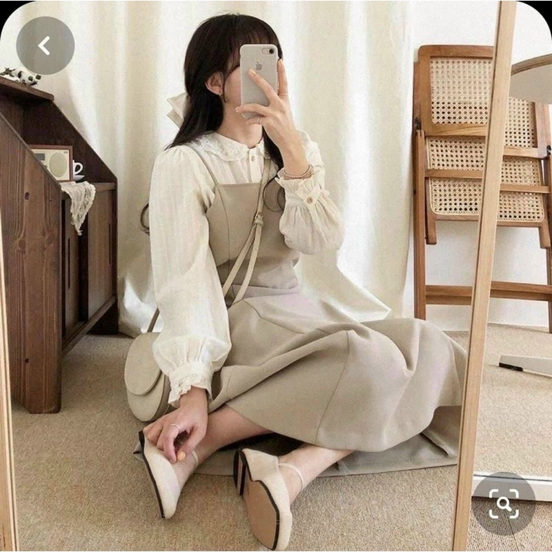 Đầm suông 🍏FREESHIP 🍏Set yếm suông kèm áo sơ mi trắng dài tay cổ sen