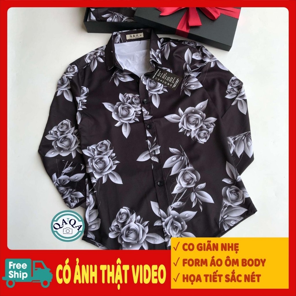Áo sơ mi dài tay Hàn Quốc dáng ôm họa tiết cổ bẻ vải lụa đẹp chống nhăn, chống xù | BigBuy360 - bigbuy360.vn