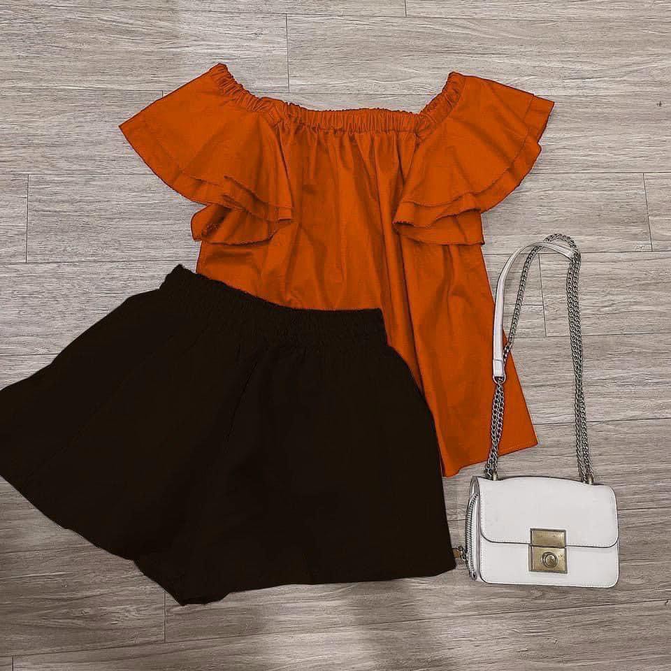 Set Áo Trễ Vai 🍓  𝑺𝑰𝑬̂𝑼 𝑿𝑰𝑵𝑯 🍓  Hai Màu Tím Hồng, Cam Đất Kết Hợp Quần Sóoc Phồng Trắng Cho Nữ A2 | BigBuy360 - bigbuy360.vn