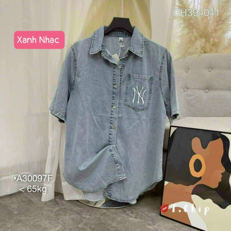 Áo Sơ Mi Jeans Nữ Công Sở Đi Học Sơ Mi Bò Denim Tay Ngắn Túi Logo Dáng Rộng Phong Cách Hàn Form Dưới 65Kg