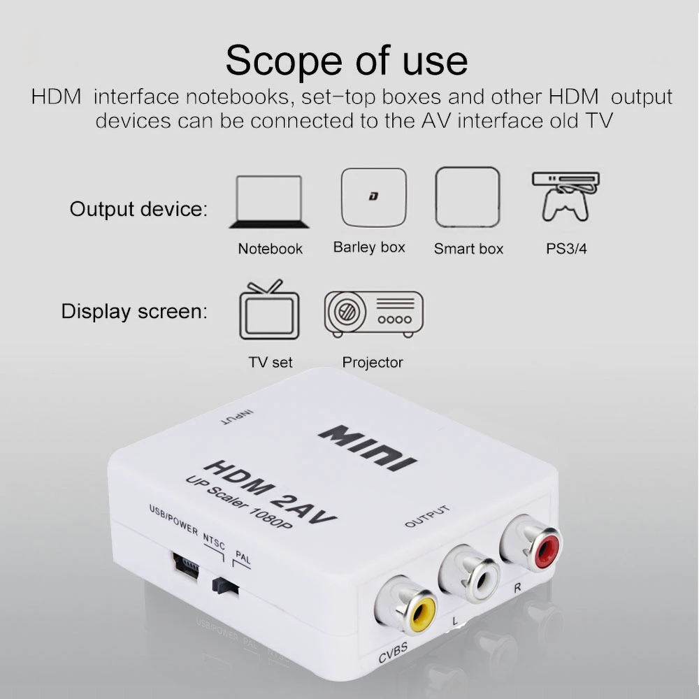 Mini HDMI to AV HDMI 2AV HD Video Converter / Multi-resolution Support Up to 1080P / NTSC PAL Dual Standard Free Switching