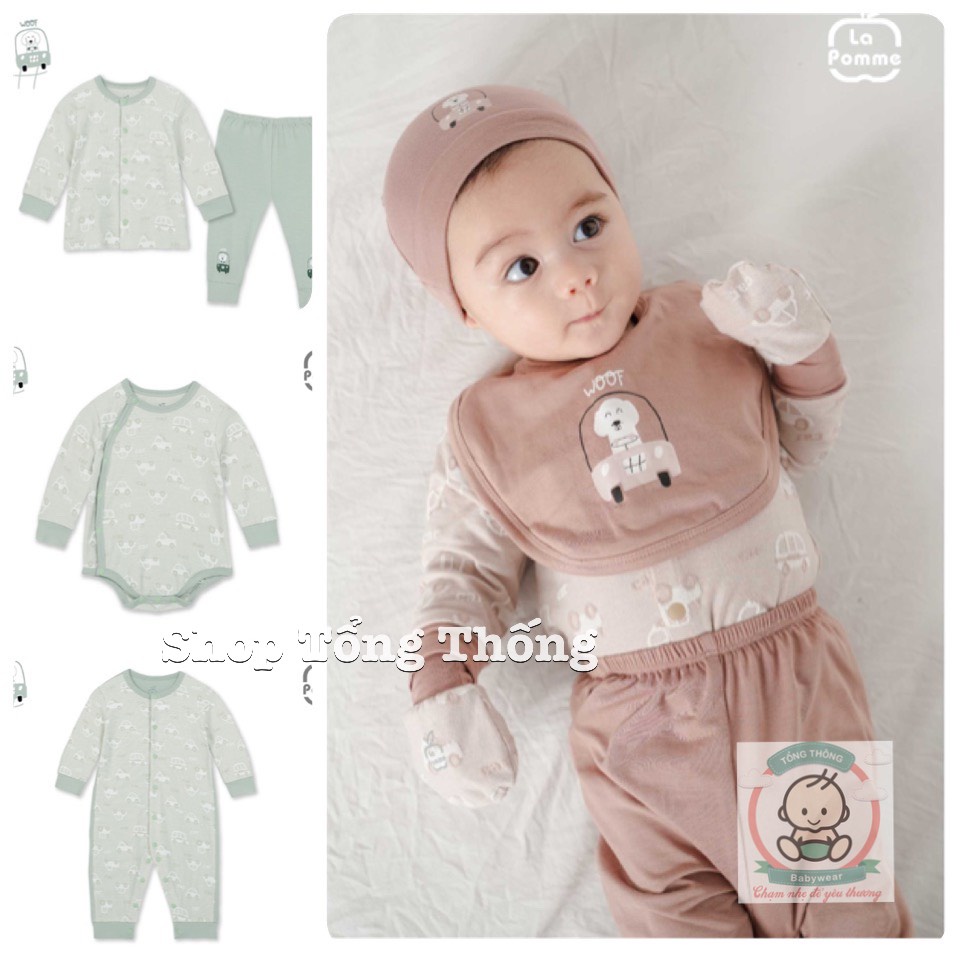 Set combo sơ sinh hãng La Pomme chất vải Modal cao cấp mềm mịn thoáng mát body, bộ cài chéo, cài giữa, mũ nón yếm xe hơi