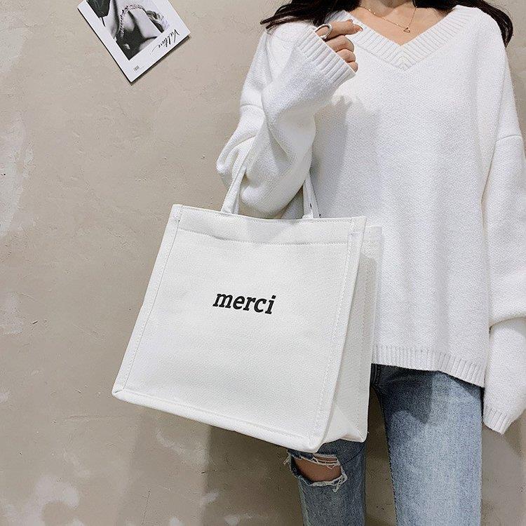 Túi vải canvas in chữ Merci phong cách Hàn Quốc