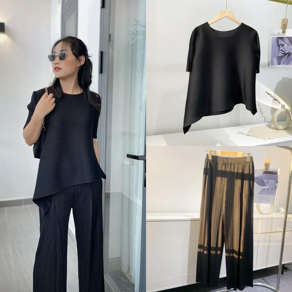 (HÀNG SẴN) Set áo lò xo nhuyễn cao cấp và quần ghép ly ống rộng - Set áo quần lò xo thanh lịch