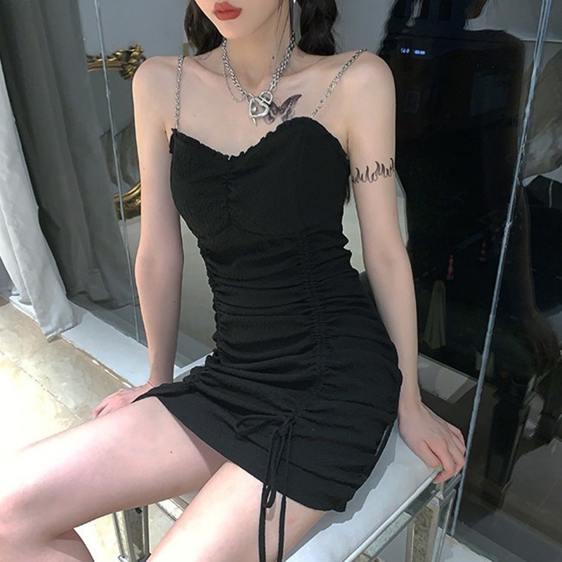 Đầm Đen Không Tay Phối Dây Rút Thời Trang Mùa Hè Cho Nữ