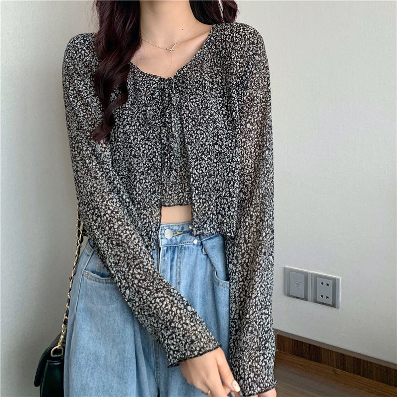 IELGY Áo sơ mi chiffon tay dài dáng rộng in họa tiết hoa phong cách Hàn Quốc thời trang cho nữ