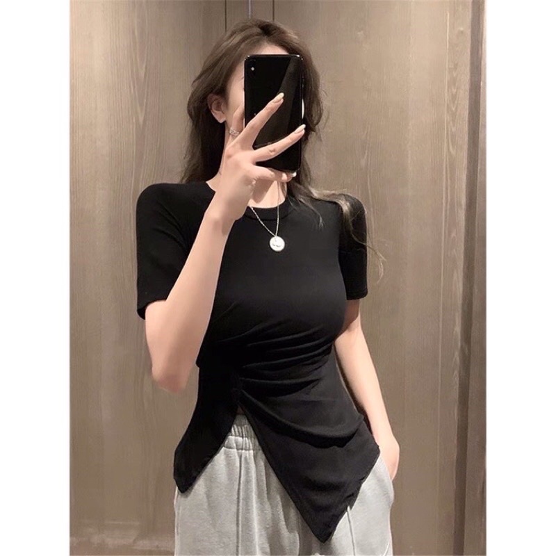 Áo Thun Cộc Tay Xả Tà Nhún Eo Sang Chảnh
