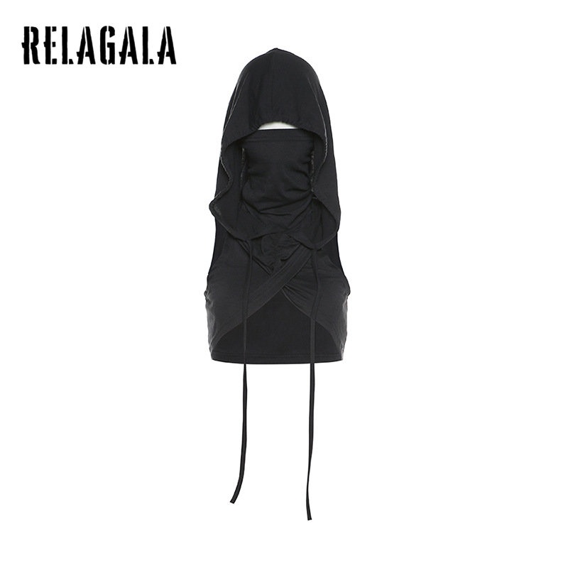 Relagala Áo Tank Top Ôm Dáng Có Mũ Trùm Màu Trơn Thời Trang Cho Nữ