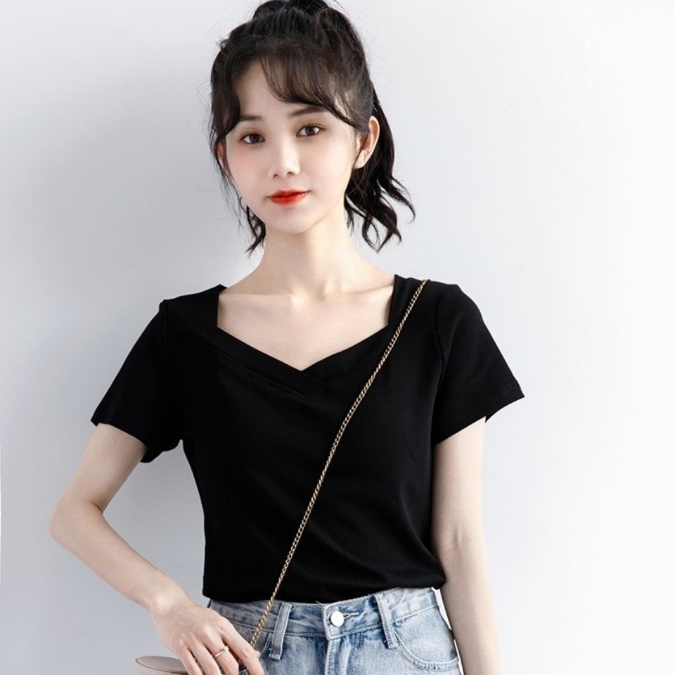 Áo thun tay ngắn cổ vuông màu trơn phong cách Hàn Quốc thời trang cho nữ 2021