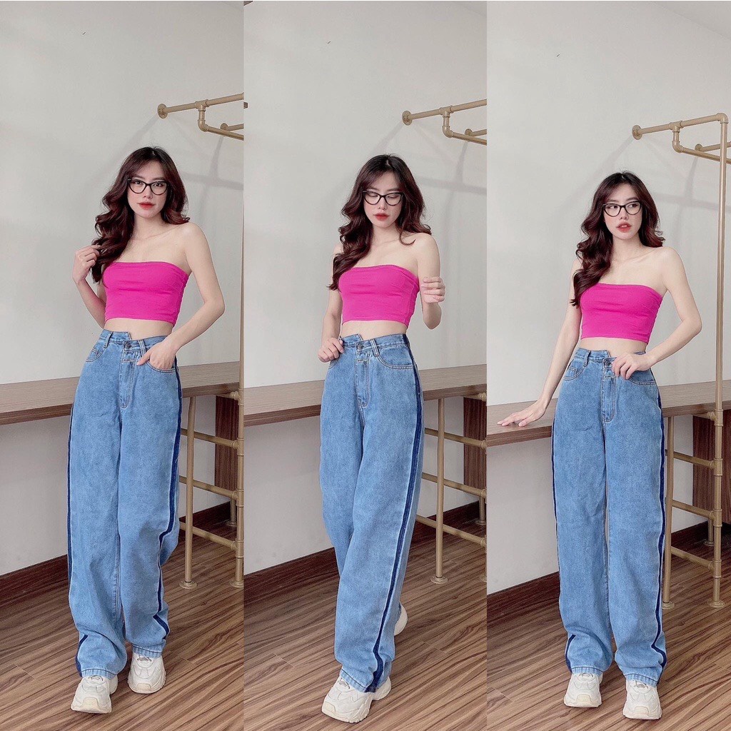 Quần Bò Sọc Ống Suông Nữ CHICLOTHES ♥️ Jean ống rộng phối viền hông chất đẹp dày đường may chắc chắn mặc cá tính