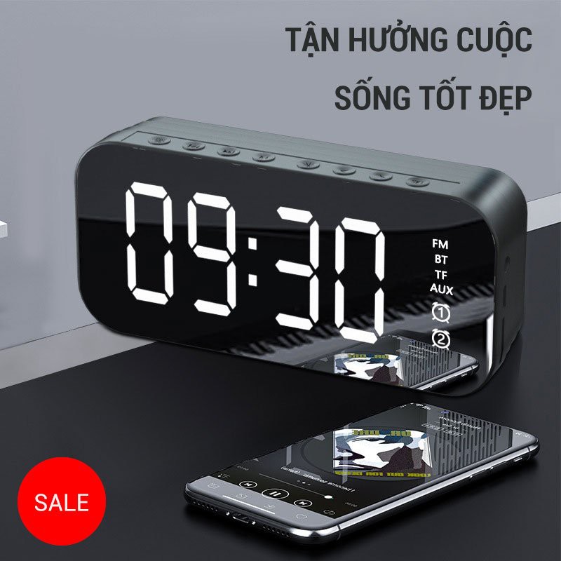 [HÀNG CÓ SẴN] Loa Bluetooth Kiêm Đồng Hồ Đài FM Mặt Tráng Gương Hiển Thị Đèn LED Kiểu Dáng 2021